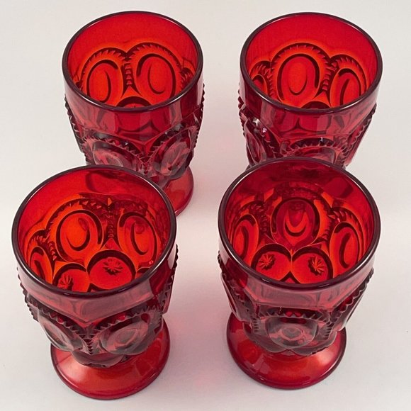Vintage LE Smith Moon and Stars Ruby Red Footed Tumblers, 6 oz Set of 4 Tumblers - Picture 2 of 9
